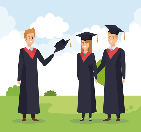 Γυναίκα και άνδρες φίλους αποφοίτηση πανεπιστήμιο με σχοινί — Διανυσματικό Αρχείο