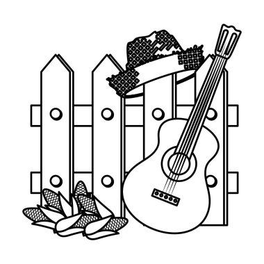 Gitarlı ahşap çit ve hasır şapkalı bahçıvan