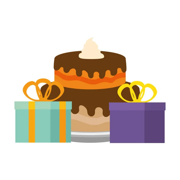 Pastel dulce y delicioso con regalos — Vector de stock