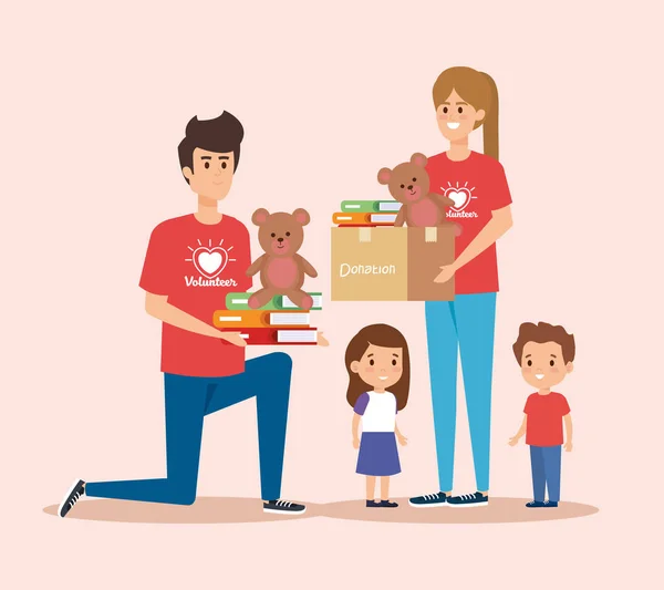 Voluntários menino e menina com crianças doação —  Vetores de Stock