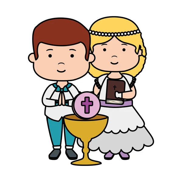 Kleine Kinder mit Kelch und biblischer Erstkommunion — Stockvektor