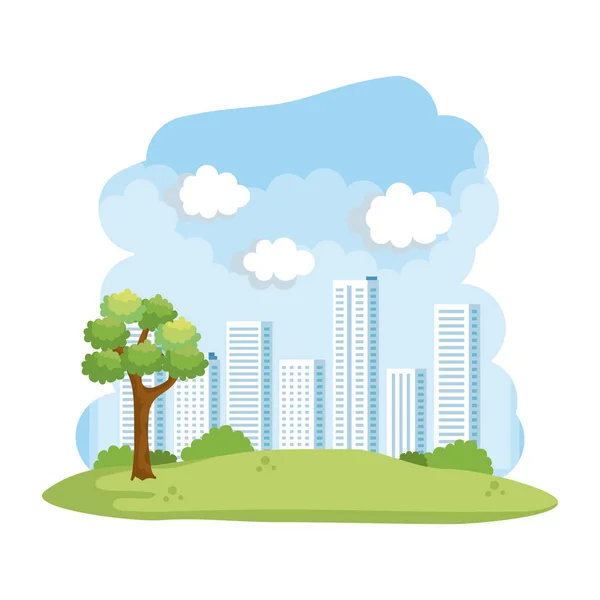 Paisaje forestal con escena de edificios — Vector de stock