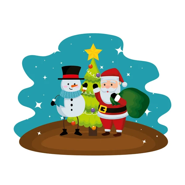 Weihnachtsmann und Schneemann mit Baum — Stockvektor