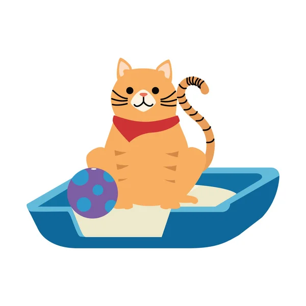 Lindo gato mascota en la cama con bola carácter — Archivo Imágenes Vectoriales