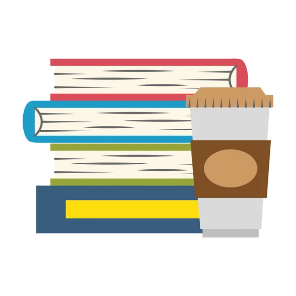 Libros de texto de pila con bebida de café — Vector de stock