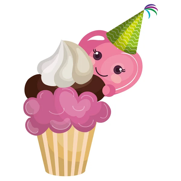 Coração emoji rosto com chapéu de festa e cupcake — Vetor de Stock