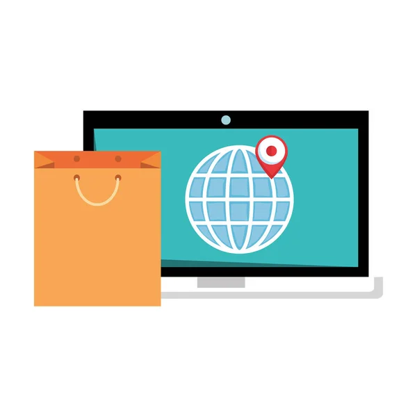 Laptop met Shopping Bag en Planet — Stockvector