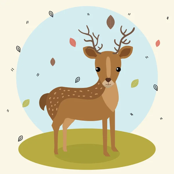 Cervo dei cartoni animati animale selvatico con foglie cadenti paesaggio natura — Vettoriale Stock