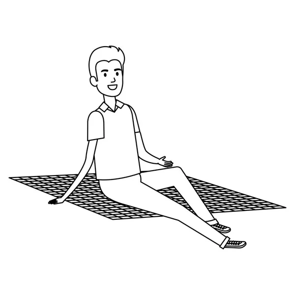 Jovem sentado no chão com toalha de mesa piquenique — Vetor de Stock
