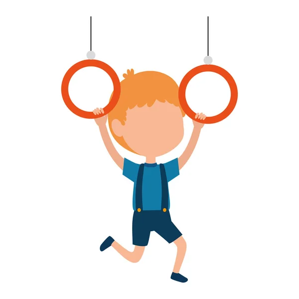 Little boy hanging in rings character — Stock Vector