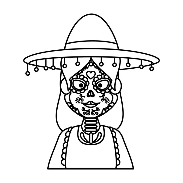 Mujer mexicana con disfraz de catrina — Vector de stock