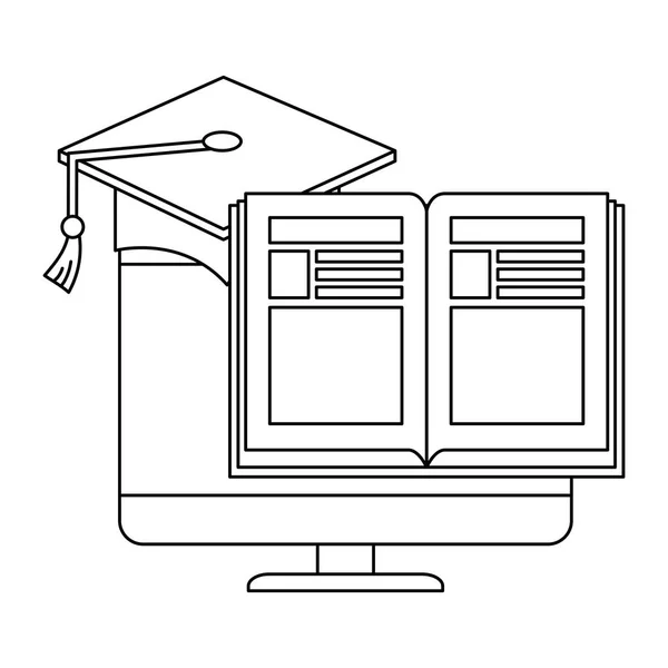 コンピューターと帽子の卒業と電子書籍 — ストックベクタ