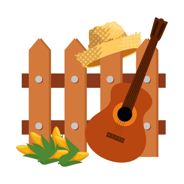 Clôture en bois avec guitare et chapeau de paille de jardinier — Image vectorielle