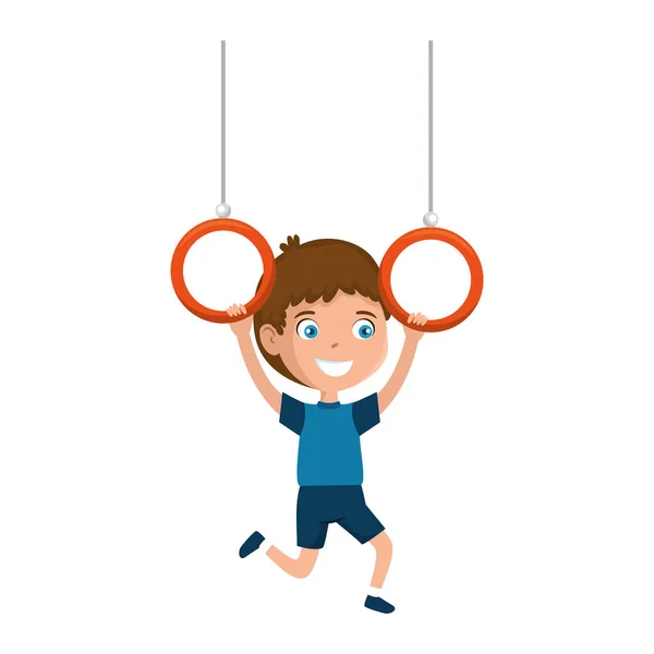 Little boy hanging in rings character — Stock Vector