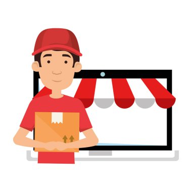 dizüstü bilgisayar ile teslimat işçisi