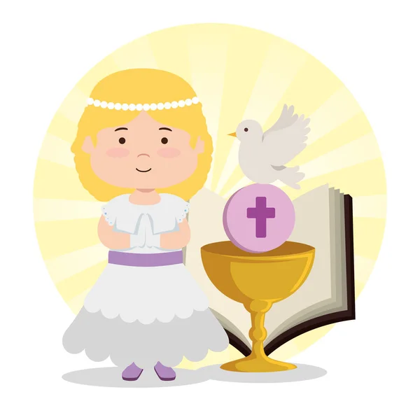 Girl with chalice and bible to first communion — Stock Vector