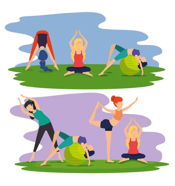 Conjunto fitness mujeres entrenamiento yoga postura — Archivo Imágenes Vectoriales