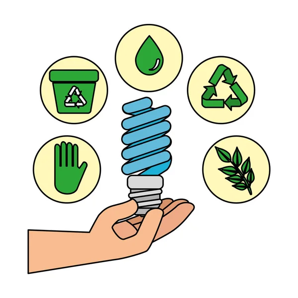 Main avec ampoule économiseur et icônes écologie — Image vectorielle