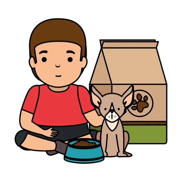 犬と食べ物袋を持つかわいい男の子 — ストックベクタ