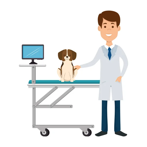 Médecin vétérinaire avec chien dans le caractère avatar civière — Image vectorielle