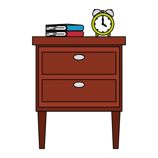 Dřevěná zásuvka s knihami a alarmem — Stockový vektor