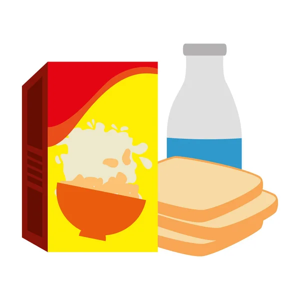 Caja de cereales con pan y botella de leche — Vector de stock