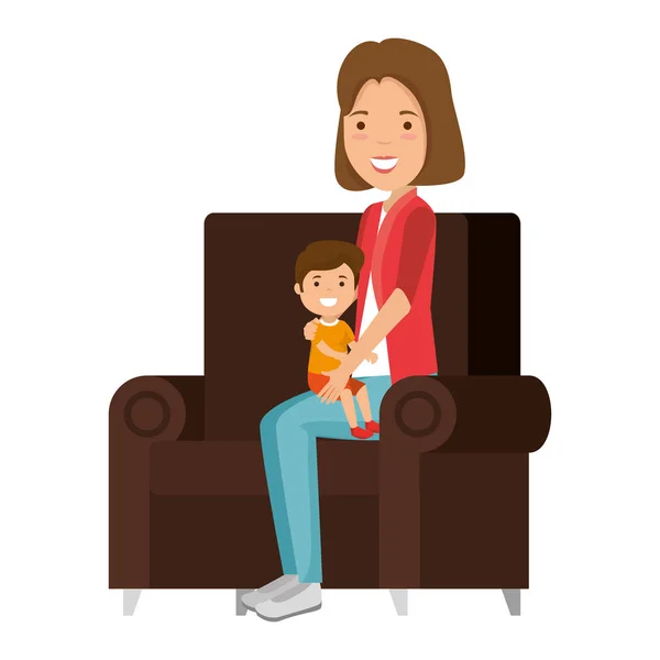 Mor med liten pojke i soffan tecken — Stock vektor