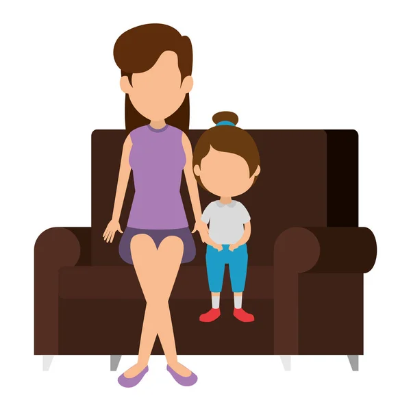 Cute and little girl with mother in the sofa — Stock Vector