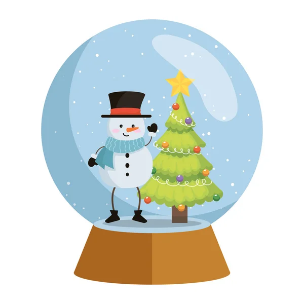 Muñeco de nieve lindo en Navidad bola de nieve — Vector de stock