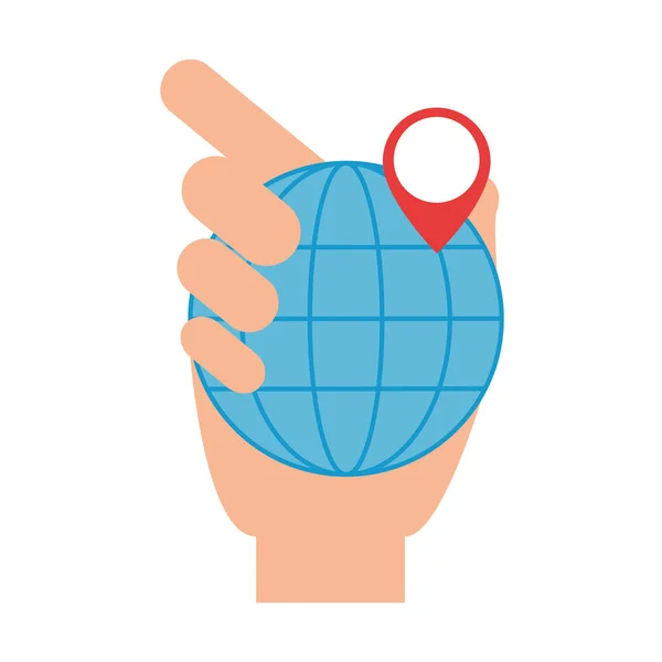 Mão levantando planeta esfera com localização pino — Vetor de Stock