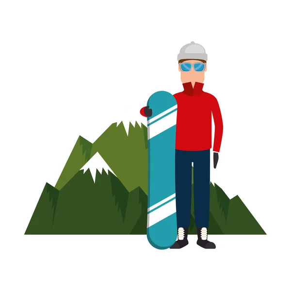 Snowboarder homem com montanhas caráter — Vetor de Stock