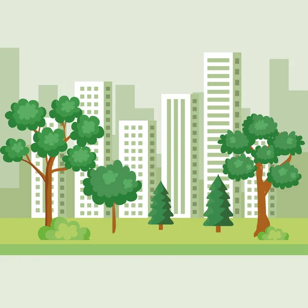Árboles de la naturaleza con pinos y arbustos al paisaje urbano — Vector de stock