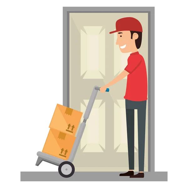 Delivery worker with cart and door — Stock Vector