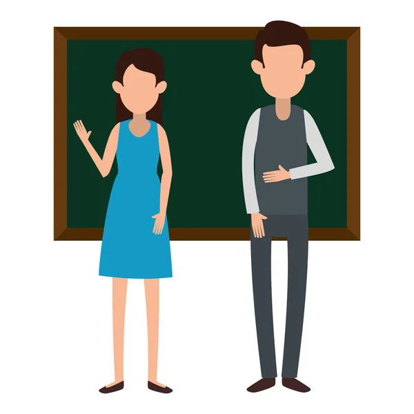 Profesores pareja enseñando con pizarra — Vector de stock