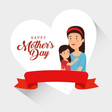 Kızıyla birlikte bir kadın ve anneler günü kurdelesi.