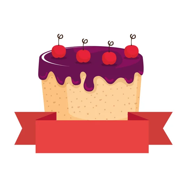 Gâteau sucré et délicieux aux cerises et ruban — Image vectorielle