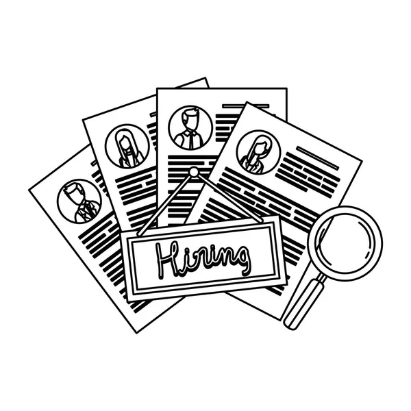 Cv with hiring label and magnifying glass — Stock Vector