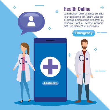 Akıllı telefon teknolojisi olan kadın ve erkek doktorlar.