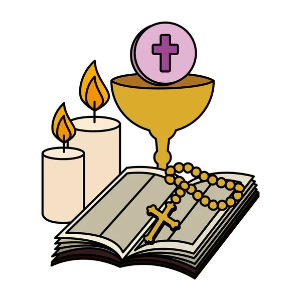 Holy bible with chalice and rosary — Stock Vector