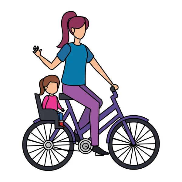Молодая мама на велосипеде с дочерью — стоковый вектор