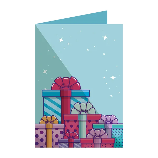 Cartão de aniversário com presentes caixas presentes —  Vetores de Stock