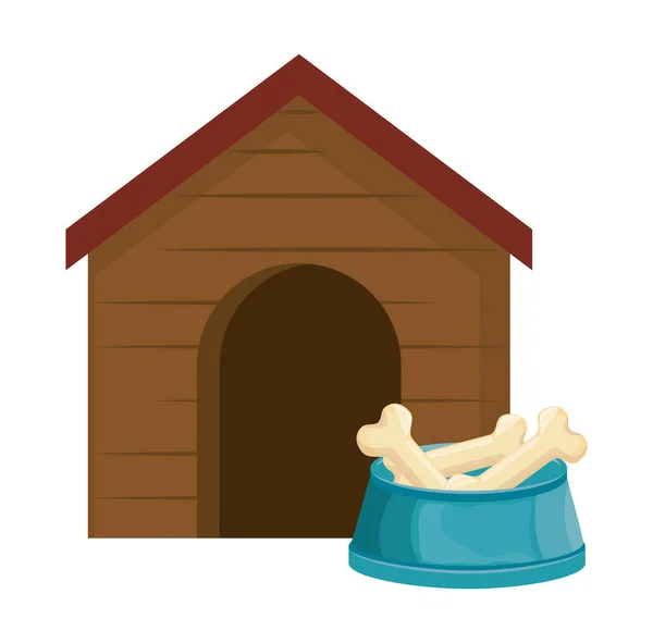 Casa de madera mascota con huesos de plato — Vector de stock