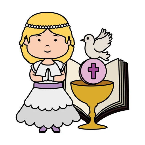 Little girl with bible and chalice first communion — Stock Vector