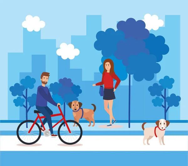 Young couple with dogs and bicycles — 스톡 벡터