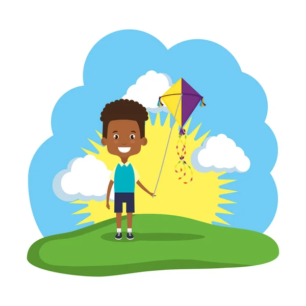 Little black boy flying kite in the field — Stock Vector