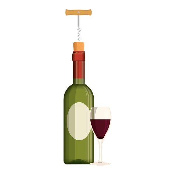 Silueta de botella de vino con sacacorchos y taza — Vector de stock