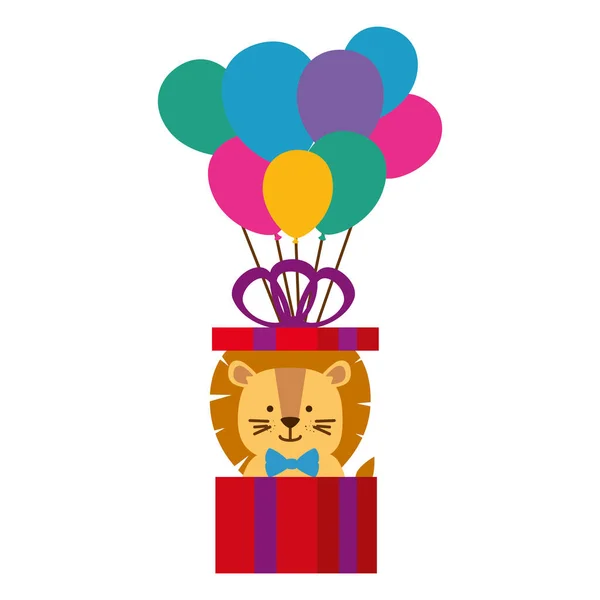 Lindo león en regalo y globos helio — Vector de stock