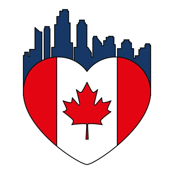 Paisaje urbano en el corazón con bandera canadiense — Vector de stock