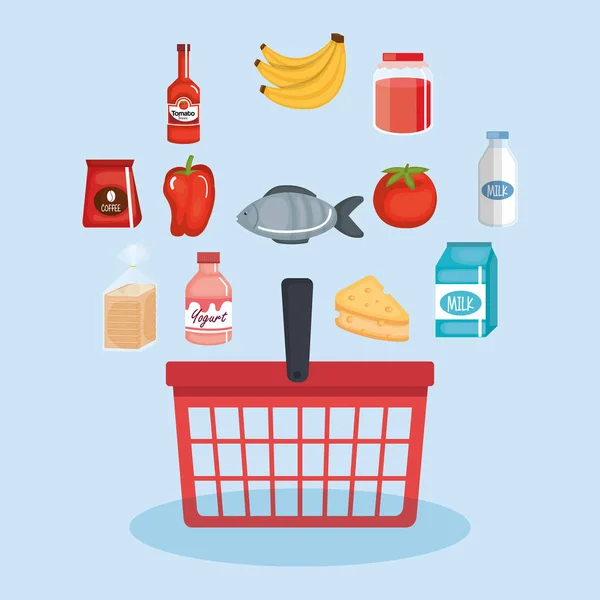 Cesta de compras com produtos de supermercado —  Vetores de Stock