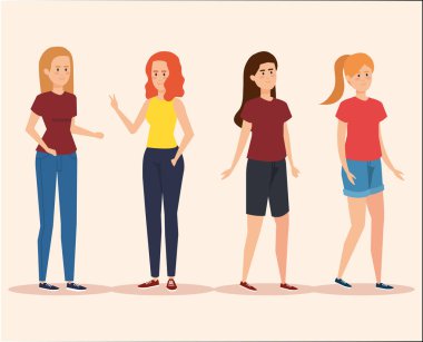 saç modeli ve rahat giysiler ile güzel kızlar seti
